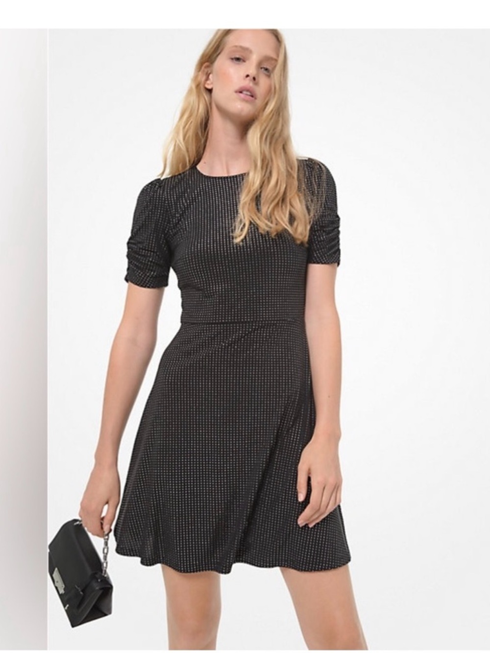 Black Metal studded Polka Dot Short Sleeve Fit-and-Flare Dress
